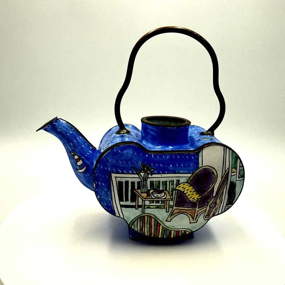 Vintage 1997 Empress Arts Ltd Miniature Enamel Teapot - Balcony Room Scene Theme